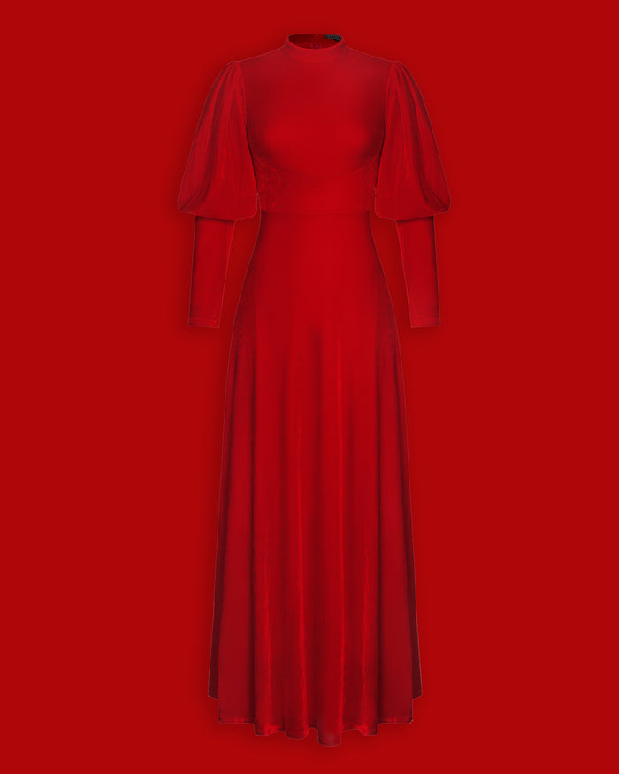 The Arcadia Dress in deep red captures the spirit of medieval elegance blended with modern gothic style. Made from luxuriously soft, high-stretch polyester, this enchanting maxi dress features long bishop sleeves, a regal mock turtleneck, and a flowing silhouette that drapes gracefully to the floor. Perfect for Renaissance fairs, gothic fashion enthusiasts, or anyone drawn to ethereal, vintage-inspired alternative clothing.