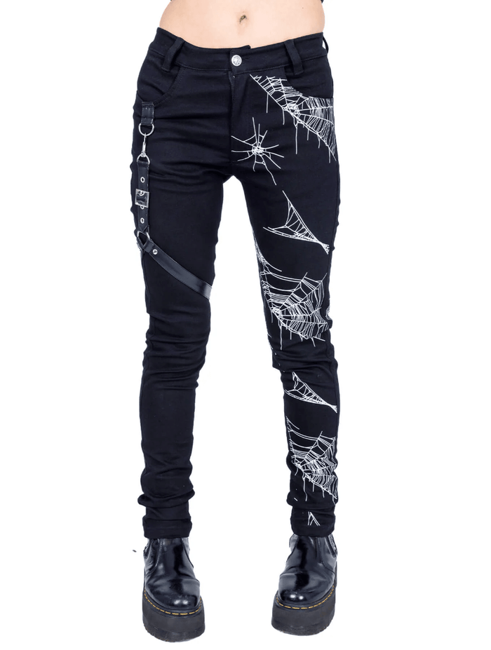 Black stretch jean pant with subtle spider‑web print all over, featuring a detachable harness at the waist and functional back pockets, crafted in a blend of 58% cotton, 39% polyester and 3% elastane for the ultimate death‑rock punk look.