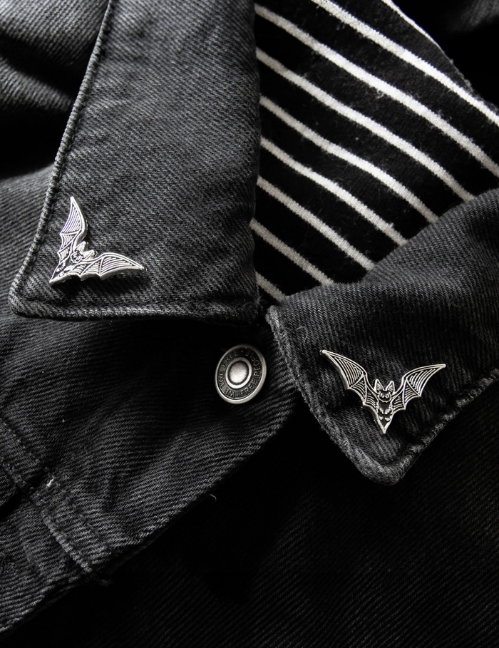 Set of silver metal and black enamel bat enamel pins, 1.3 x 0.8 inches each, designed with Ectogasm’s signature etching style. Dual tie tacks keep pins secure, ideal for collars, jackets, bags, or creating a cohesive set of gothic accessories for alternative fashion.