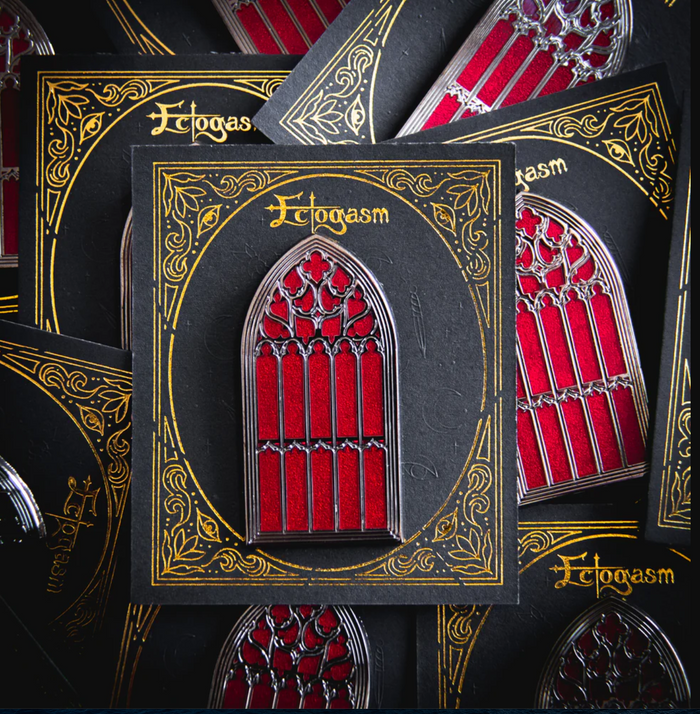 Ectogasm silver and red enamel brooch modeled after Saint Giles Cathedral’s historic window, 2 x 1 inches in size. Dual metal clasps prevent spinning, making it ideal for jackets, hats, or bags. A gothic collectible pin with historical inspiration and authentic Ectogasm signature for alternative fashion sets.