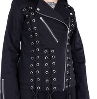 Black Chantira Jacket by Vixxsin, a fitted moto-style jacket made from 100% cotton with polyester lining, featuring heavy grommet lacing across front, back, and sides, asymmetrical zipper, zipped sleeve cuffs, and adjustable ties, offering a sleek, structured, and rebellious alternative fashion piece ideal for gothic and punk-inspired outfits.
