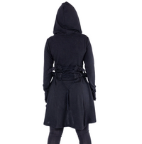 Stylish black zip-up hoodie by Heartless in soft 100% polyester, featuring a dramatic high-low hem, corset-style side lacing, adjustable back ties, oversized hood, fitted silhouette, and thumbholes, ideal for layering and creating versatile edgy looks all year.