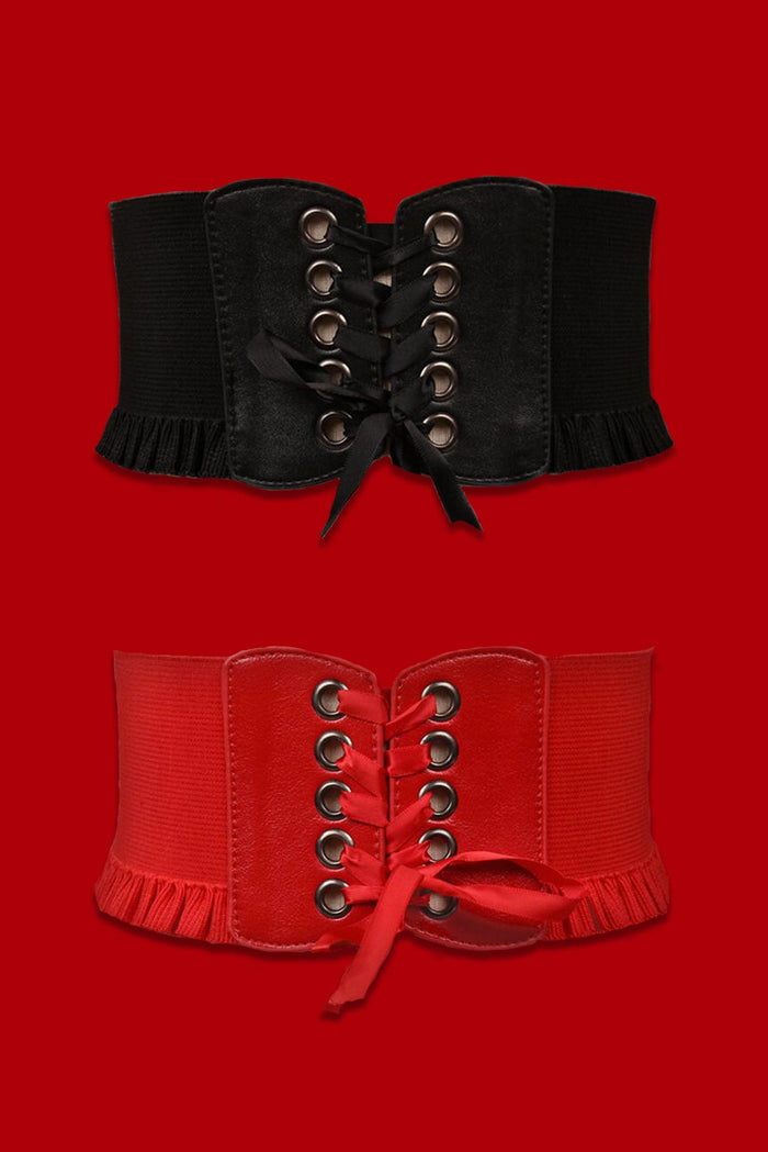 Wide high-waisted stretch corset belt in black with lace-up front and metal eyelets, designed to cinch the waist and enhance the silhouette, featuring flexible side panels for comfort, perfect for layering over dresses, tunics, or shirts for an edgy fashion statement.
