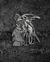Large silver and black enamel gothic pin inspired by Max Ernst’s surrealist collage from Une Semaine De Bonté, featuring a Victorian-dressed woman kissing a winged man with devilish wings. Measures 2 x 1.71 inches with dual metal clasps to prevent spinning, perfect for jackets, backpacks, or alternative unisex fashion sets.