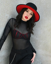 KATAKOMB Dracula Flat Top Hat in premium black wool with a vivid red brim, featuring a structured flat-top crown, perfect gothic fashion accessory for bold, dramatic style.