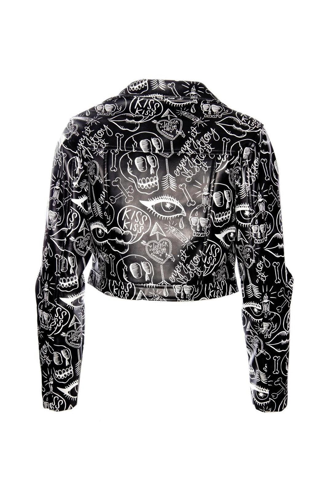 Statement graffiti moto jacket for women featuring original artwork by Jessica Louise, leopard print interior lining for a fierce touch, two practical pockets, and an exposed metal zipper with custom skull logo, perfectly blending urban edge with biker-inspired style.