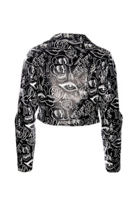 Statement graffiti moto jacket for women featuring original artwork by Jessica Louise, leopard print interior lining for a fierce touch, two practical pockets, and an exposed metal zipper with custom skull logo, perfectly blending urban edge with biker-inspired style.