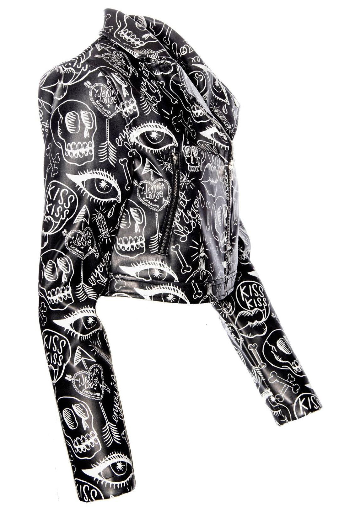 Urban-chic cropped Moto Jacket with Jessica Louise graffiti artwork, leopard print lining for a bold interior, convenient working pockets, and a standout metal zipper featuring a skull logo pull, offering a rebellious yet stylish biker-inspired look.