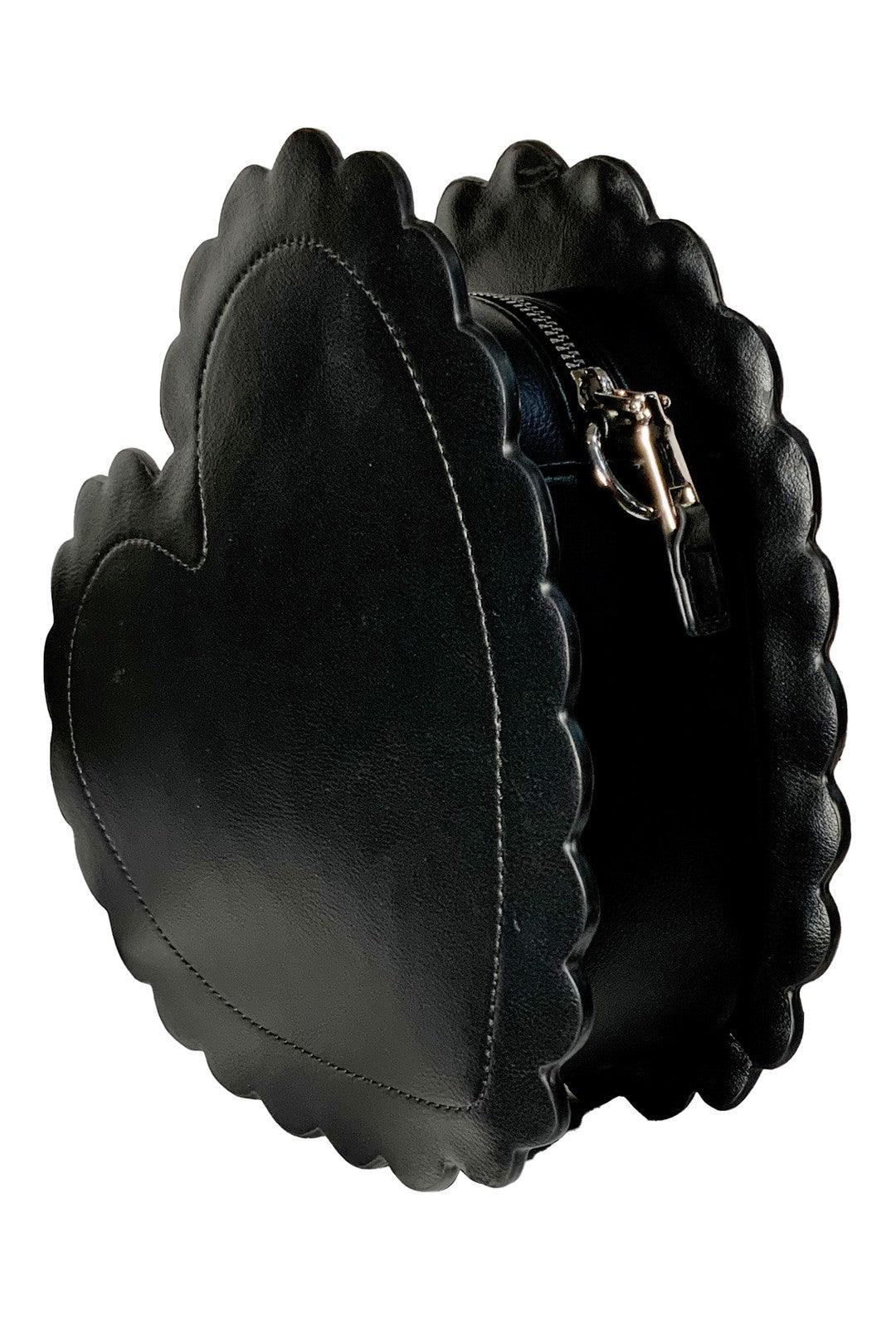 Elegant Heart Locket Purse adorned with a matte red heart, black jewel accents, and a scalloped white border, offering a playful yet sophisticated accessory for occasions that call for statement fashion pieces with a whimsical, vintage charm.