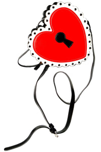 Stylish Heart Locket Purse designed for versatility, including a detachable cross-body strap and a top handle, showcasing a vintage-inspired red heart motif with black jewel studs and a matte keyhole, perfect for elevating everyday or evening ensembles.