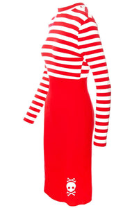 Katakomb’s Jailhouse Dress in black featuring a striped long-sleeve mock neck top and a fitted bengaline skirt, decorated with intricate skull embroidery by Jessica Louise — an eye-catching alternative outfit blending gothic charm, retro vibes, and modern comfort.