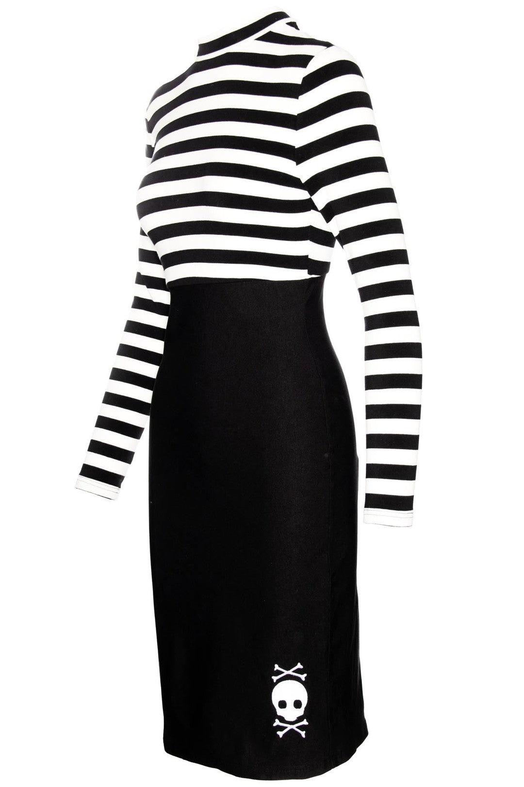 The Jailhouse Dress is a body-hugging, stretchy pin-up style dress with a mock turtleneck, striped sleeves, and skull embroidery detail, merging rockabilly glamour with punk edge, ideal for those who love gothic and alternative streetwear with an artistic twist.
