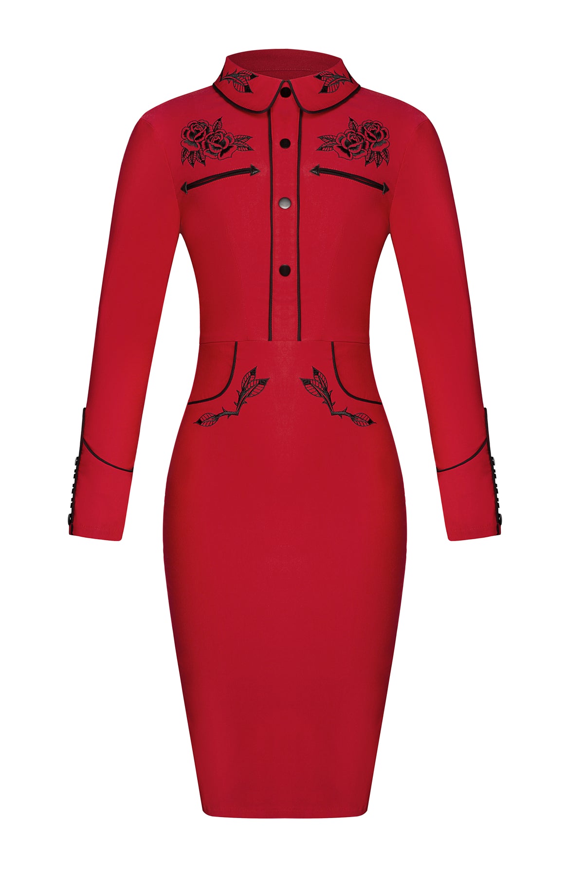 The red June Dress is a striking example of gothic western design, blending soft, stretchy bengaline material with ornate embroidered details and sleek pleather piping. With its fixed front snaps, faux snap cuffs, and rose-and-thorn motif, this dress embodies feminine strength, classic vintage beauty, and alternative fashion aesthetics.