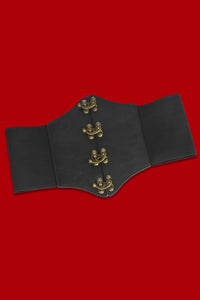 KATAKOMB Locked Up Belt featuring a spandex-stretch waistband and vintage brass clasp details, designed as a bold, edgy fashion accessory to elevate dresses, skirts, and fitted outfits with a unique locked-in style.