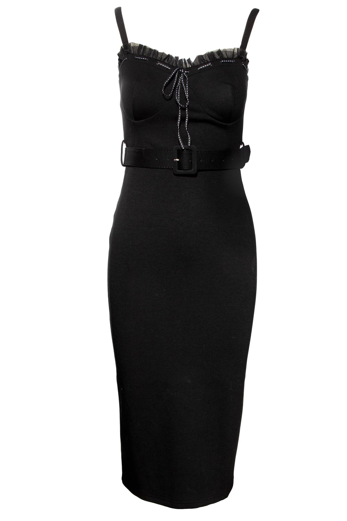 Step into confidence with the Love Bites Pencil Dress in black, a stunning form-fitting creation by Jessica Louise that blends classic femininity with a daring edge. Made from a high-quality, heavyweight poly blend, this dress is designed to accentuate every curve while maintaining comfort and structure. The sweetheart bust-line features soft ruffles and a bow accent for a romantic touch, while the ruched back and adjustable straps provide flexibility and ease of movement.