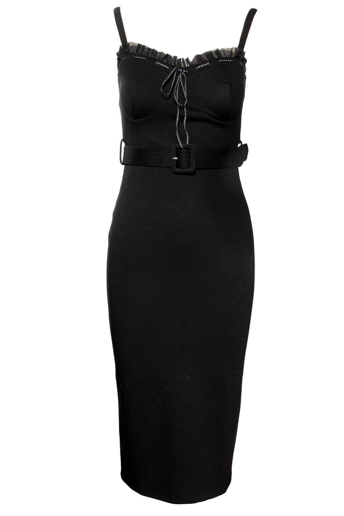 Step into confidence with the Love Bites Pencil Dress in black, a stunning form-fitting creation by Jessica Louise that blends classic femininity with a daring edge. Made from a high-quality, heavyweight poly blend, this dress is designed to accentuate every curve while maintaining comfort and structure. The sweetheart bust-line features soft ruffles and a bow accent for a romantic touch, while the ruched back and adjustable straps provide flexibility and ease of movement.