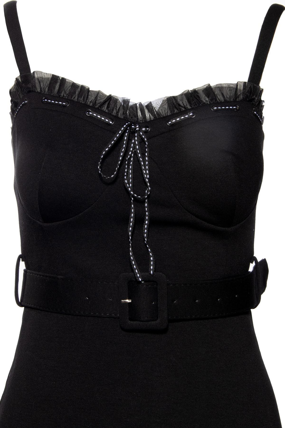 The Love Bites Pencil Dress in sleek black showcases a perfect mix of vintage-inspired charm and modern seduction. Crafted from a durable, luxury-weight poly blend by designer Jessica Louise, this dress features a sculpted pencil silhouette with a flattering sweetheart neckline, playful ruffle trim, and a dainty ribbon bow. Designed with enhanced bust support, adjustable straps, and a ruched back for effortless wear, it offers both structure and stretch to embrace your body’s natural shape.