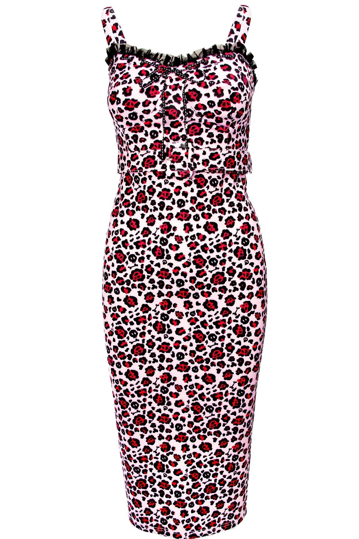 The Love Bites Pencil Dress in leopard print embodies wild sophistication with its figure-hugging silhouette, enhanced cup design, and ruched back that flatters every curve. Crafted from comfortable, stretchy fabric, it features a sweetheart neckline, playful ruffles, and a cute ribbon bow that adds a touch of vintage glamour to this fierce, high-fashion look for women who want to turn heads.