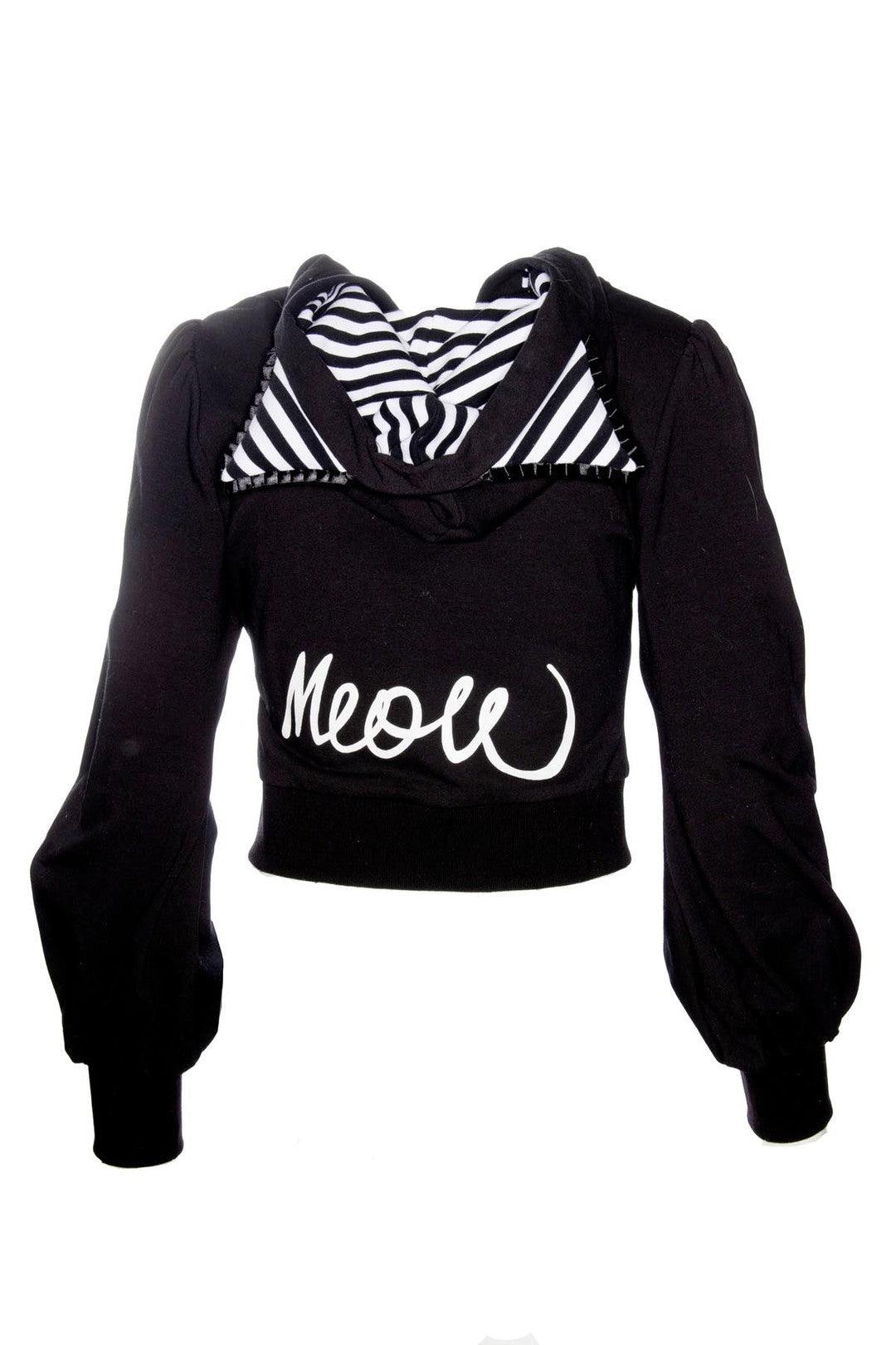 Meow Kitty Sweater in black featuring statement puffed sleeves, striped cat ears, heart-shaped striped pockets, and a bold 'Meow' back print, crafted by Jessica Louise Clothing & Katakomb for nostalgic scene and emo fashion lovers.
