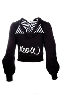 Meow Kitty Sweater in black featuring statement puffed sleeves, striped cat ears, heart-shaped striped pockets, and a bold 'Meow' back print, crafted by Jessica Louise Clothing & Katakomb for nostalgic scene and emo fashion lovers.