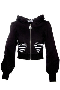 Jessica Louise Clothing & Katakomb black Meow Kitty Sweater with puffed bishop sleeves, skull zipper pull, playful heart-striped pockets, and striped puff cat ears, designed to channel 2000s MySpace nostalgia and alternative fashion vibes.