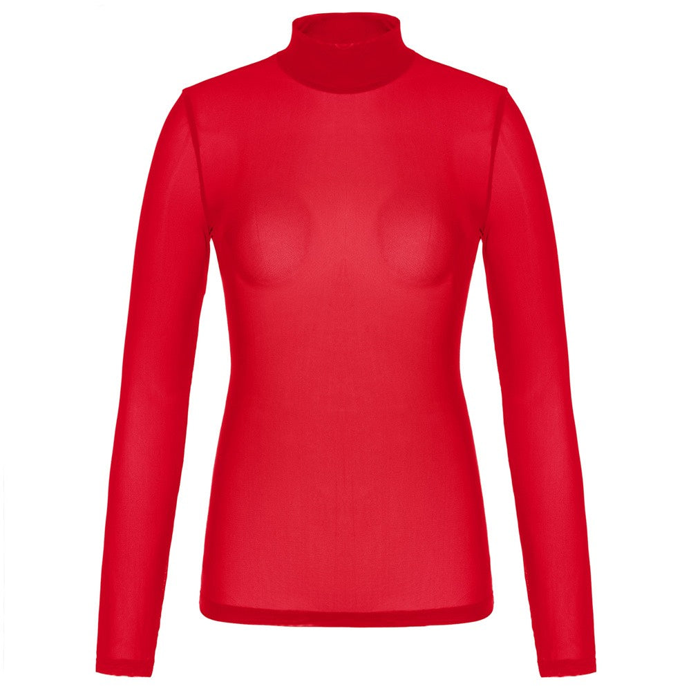 A chic sheer red turtleneck top crafted from delicate mesh material. The breathable fabric and fitted silhouette make it ideal for creative layering or bold solo styling. With its classic neckline and minimalist design, it’s a must-have piece that brings elegance and mystery to any outfit combination.