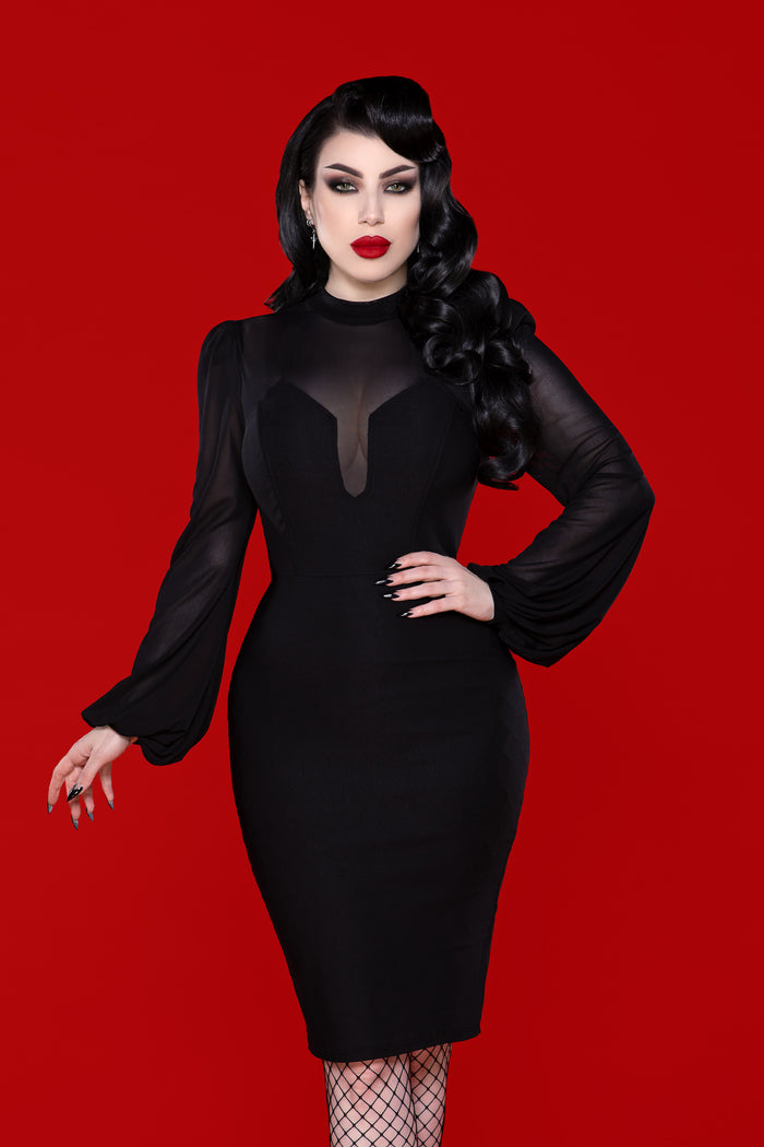 Luxurious black Mistress Dress featuring a fitted bengaline body that sculpts and flatters the figure, with a sheer mesh neckline and dramatic bishop sleeves, perfect for gothic fashion lovers seeking a sophisticated and elegant statement dress for evening wear, parties, or alternative dark style wardrobes.