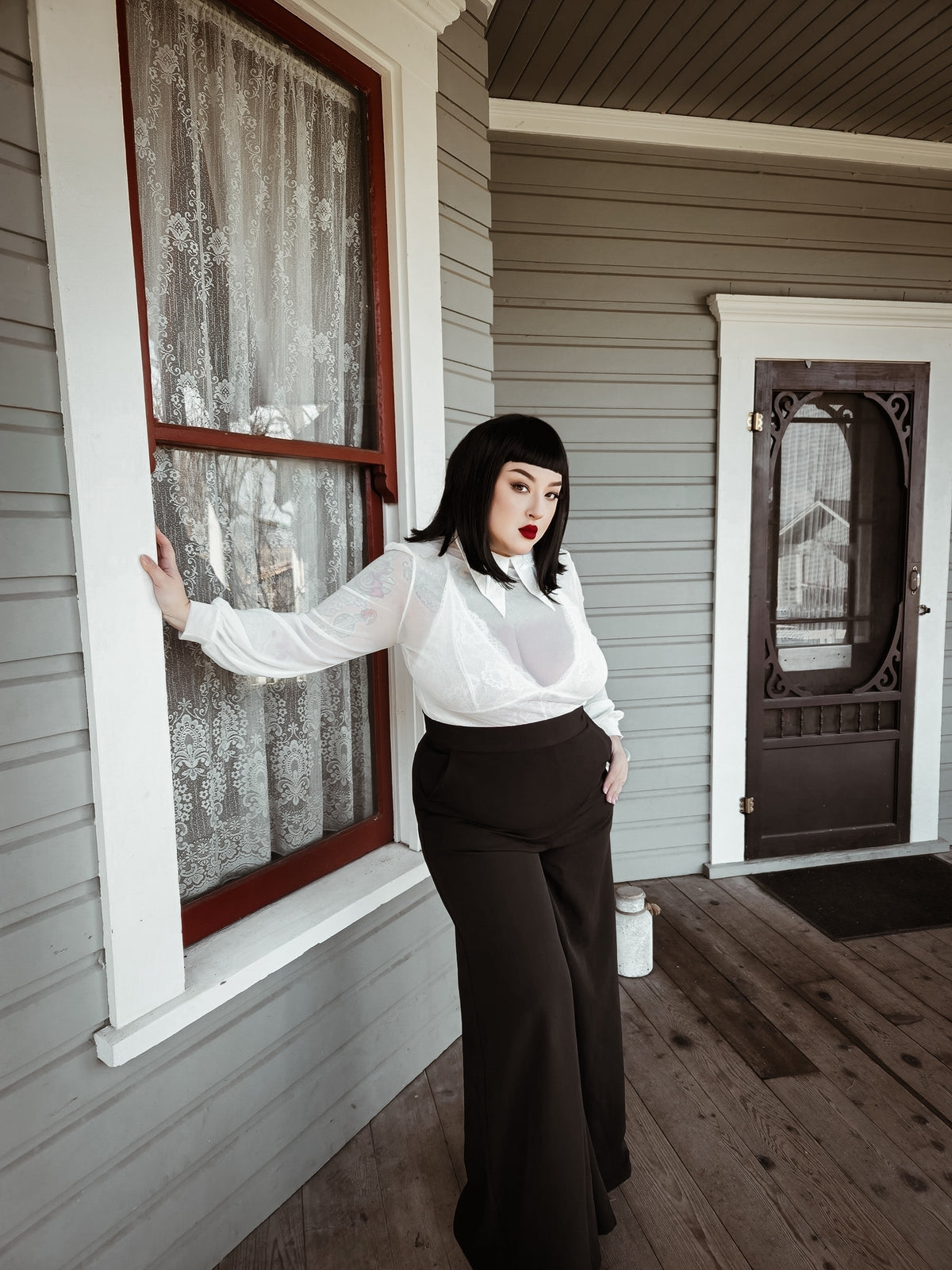 Edgy Personal Jesus top in semi-transparent soft mesh fabric with long sleeves, oversized embroidered cross designs on an extended pointy collar, and a subtle back keyhole cut-out, available in bold black, pristine white, or vibrant purple, perfect for gothic fashion, alternative clothing, and nightlife ensembles.