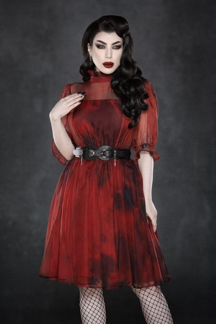 Model posing against grey background wearing Alchemy Dress, black belt and fishnets.