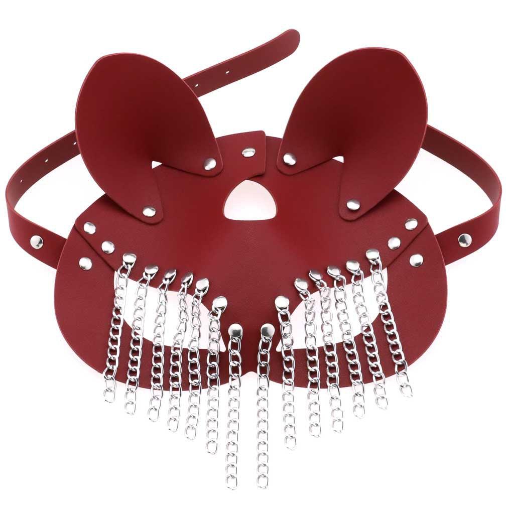 Stylish animal-inspired face mask in red with striking metal chain details, combining modern gothic design and cruelty-free materials, part of Shop Katakomb’s unique accessory collection.