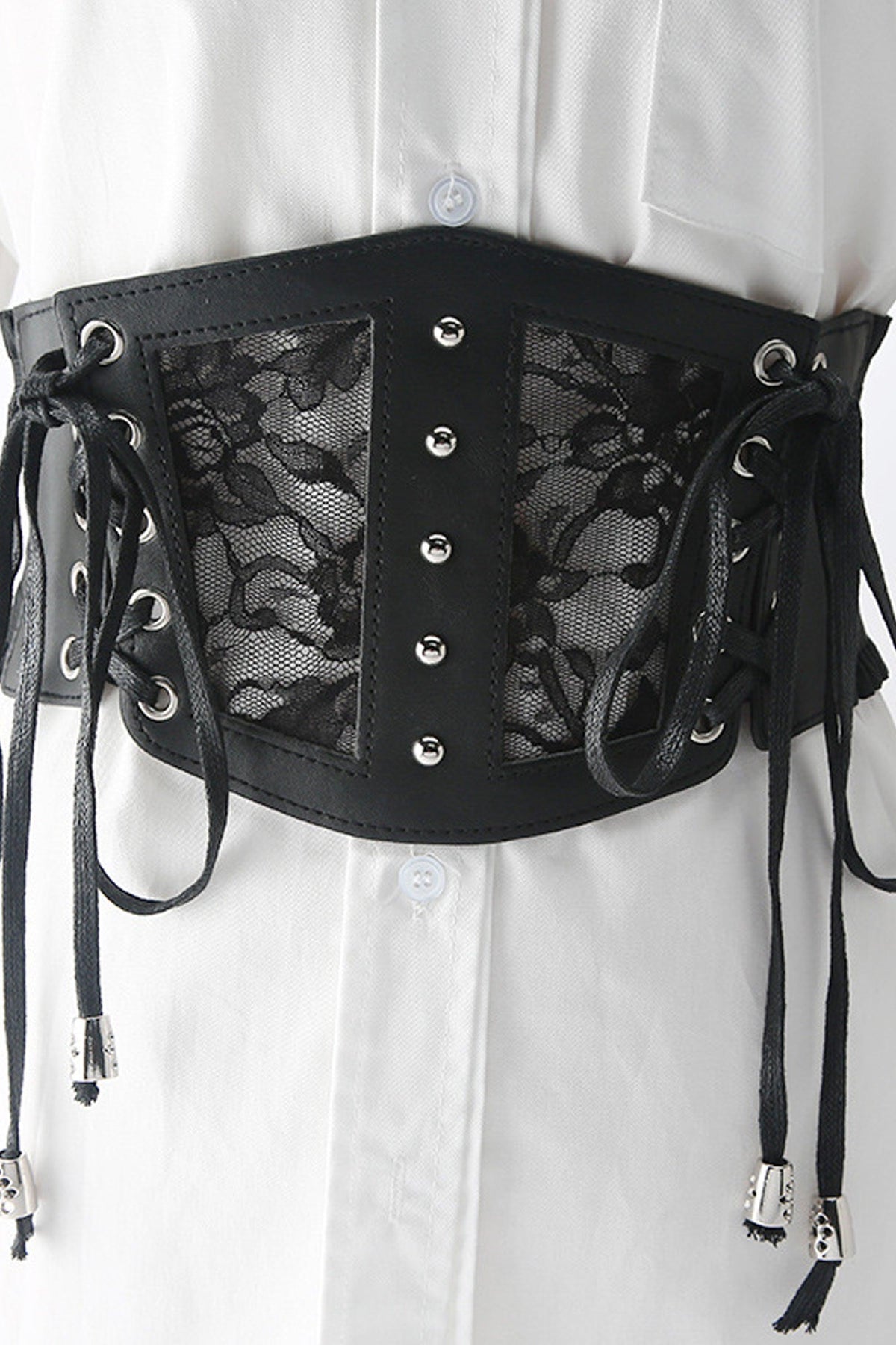 Lace corset belt featuring intricate floral lace overlay, adjustable elastic back, and structured faux leather for a comfortable yet defined waist-cinching fit.