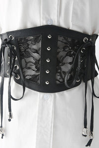 Lace corset belt featuring intricate floral lace overlay, adjustable elastic back, and structured faux leather for a comfortable yet defined waist-cinching fit.