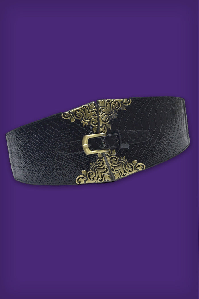 Elevate your look with the Renaissance Belt—a one‑size‑fits‑most pleather accessory featuring refined gold detailing and a convenient stretch back for comfort and style.