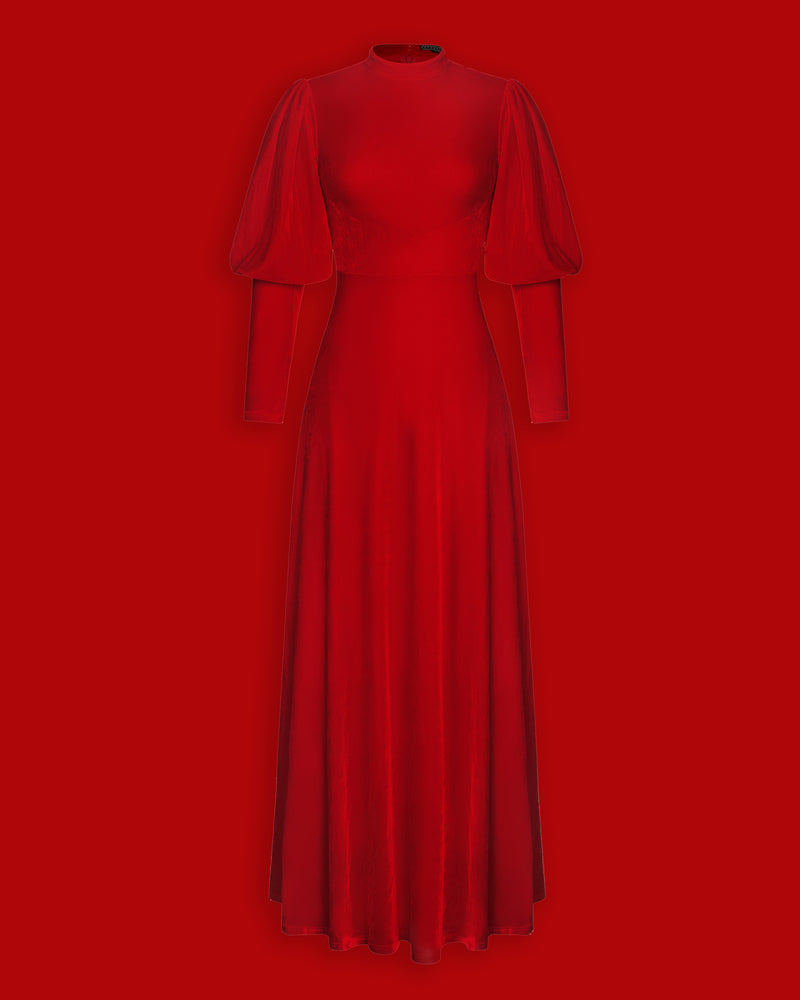 The Arcadia Dress in deep red captures the spirit of medieval elegance blended with modern gothic style. Made from luxuriously soft, high-stretch polyester, this enchanting maxi dress features long bishop sleeves, a regal mock turtleneck, and a flowing silhouette that drapes gracefully to the floor. Perfect for Renaissance fairs, gothic fashion enthusiasts, or anyone drawn to ethereal, vintage-inspired alternative clothing.