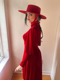 The Arcadia Dress in rich red channels gothic sophistication and medieval allure. Its high-stretch material hugs the body comfortably while the long, flowing bishop sleeves and mock turtleneck add an air of regality. Ideal for gothic events, fantasy festivals, or as a statement piece for those who celebrate romantic and mysterious aesthetics.