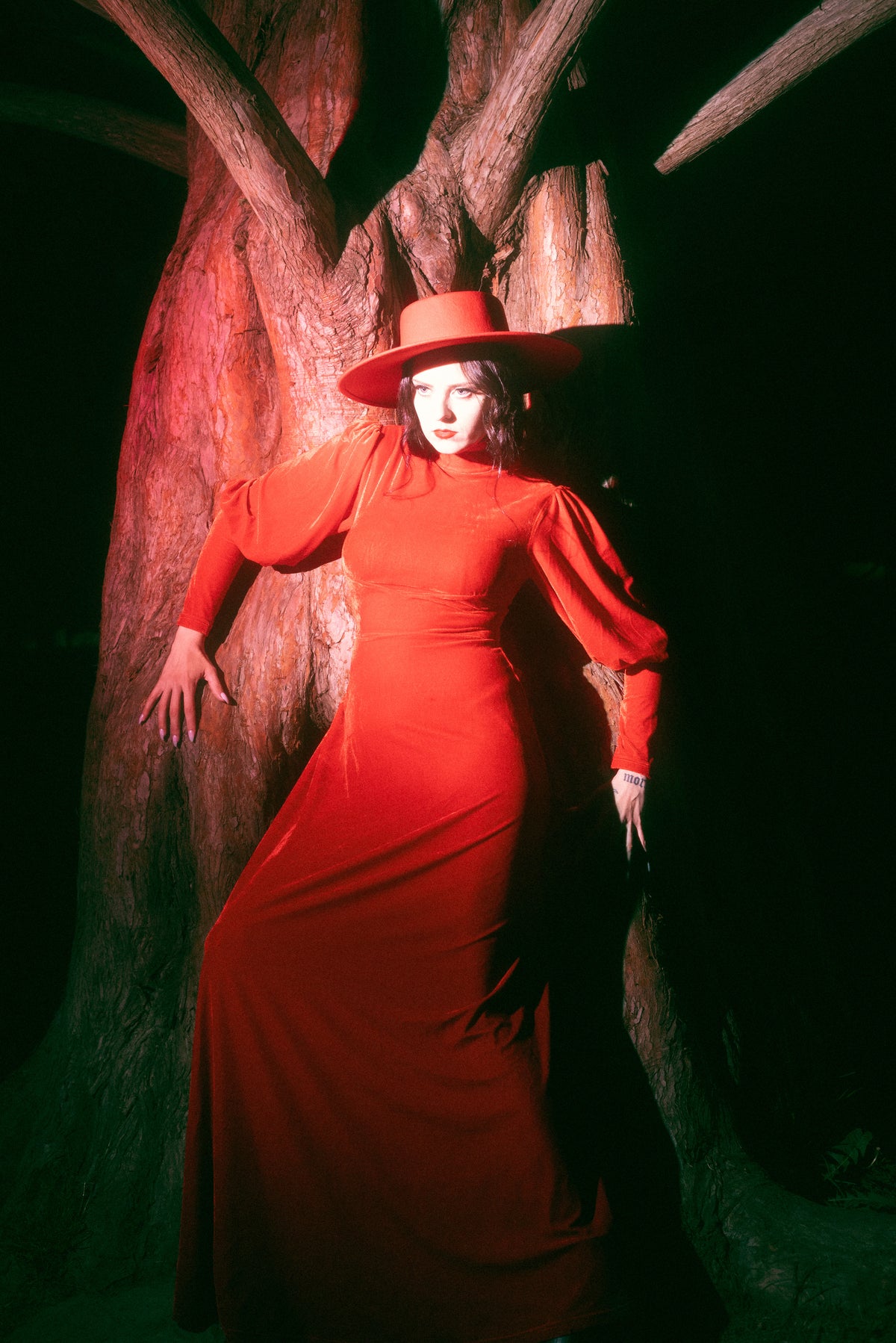 Designed for lovers of gothic and alternative elegance, the Arcadia Dress in red offers a captivating fusion of historical inspiration and modern comfort. Featuring a regal mock turtleneck, dramatic bishop sleeves, and a floor-length skirt crafted from luxurious, high-stretch fabric, it exudes power, femininity, and timeless allure.