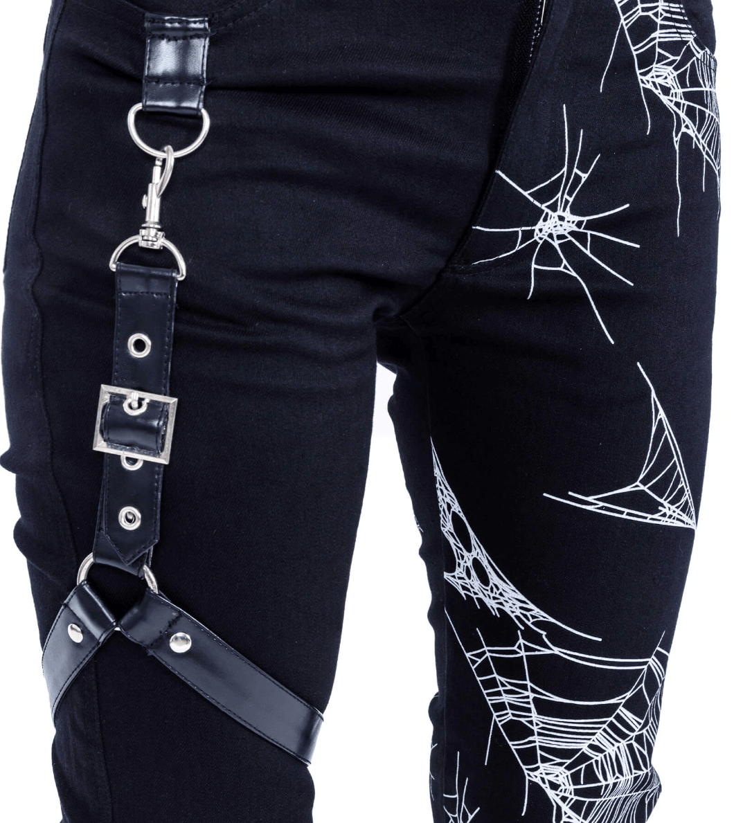 Punk inspired black jeans with elasticized stretch fabric, reinforced with a spider web print texture, equipped with a detachable waist‑harness and dual back pockets, composition: 58% cotton, 39% polyester, 3% elastane for comfort and durability.