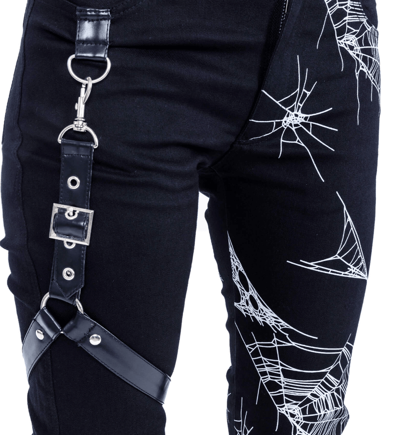 Punk inspired black jeans with elasticized stretch fabric, reinforced with a spider web print texture, equipped with a detachable waist‑harness and dual back pockets, composition: 58% cotton, 39% polyester, 3% elastane for comfort and durability.