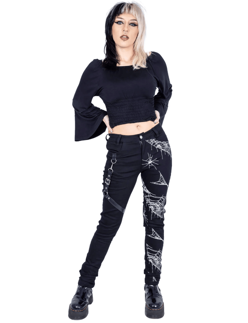 Edgy stretch black jeans featuring a graphic spider web print, punk‑style detachable harness detail, and functional back pockets—constructed from a fabric mix of 58% cotton, 39% polyester and 3% elastane to combine comfort with rocker aesthetics.
