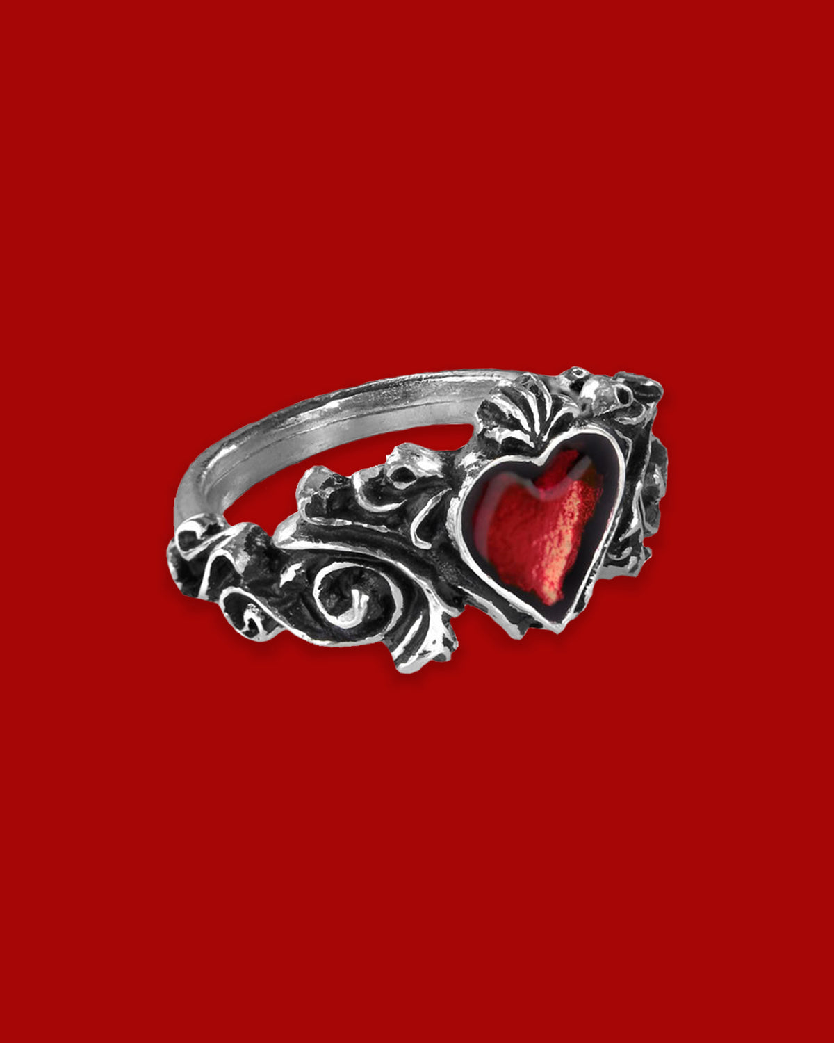 Handmade English pewter floret ring with translucent red enamel heart. Miniature rococo-inspired design, delicate and romantic, perfect for gothic or vintage-inspired style.