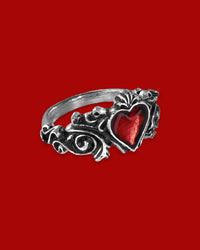 Handmade English pewter floret ring with translucent red enamel heart. Miniature rococo-inspired design, delicate and romantic, perfect for gothic or vintage-inspired style.