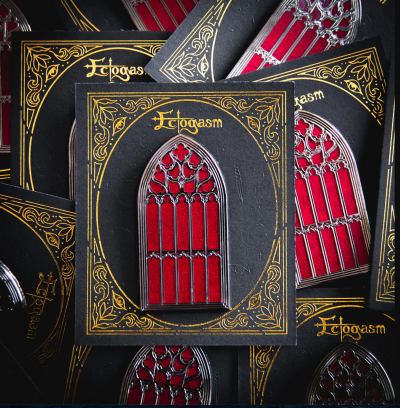 Ectogasm silver and red enamel brooch modeled after Saint Giles Cathedral’s historic window, 2 x 1 inches in size. Dual metal clasps prevent spinning, making it ideal for jackets, hats, or bags. A gothic collectible pin with historical inspiration and authentic Ectogasm signature for alternative fashion sets.
