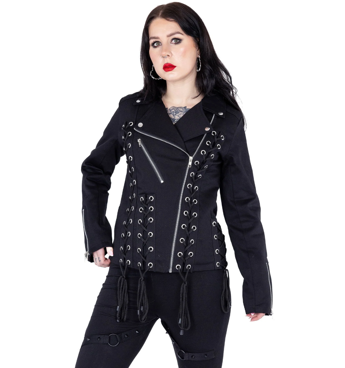 Chantira Jacket by Vixxsin, a black lace-up biker jacket in 100% cotton with polyester lining, featuring intricate grommet detailing on front, back, and sides, sharp asymmetrical zipper, adjustable ties, and zipped cuffs, offering a sleek, structured, and edgy outerwear option for gothic, punk, or alternative fashion looks.