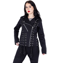 Chantira Jacket by Vixxsin, a black lace-up biker jacket in 100% cotton with polyester lining, featuring intricate grommet detailing on front, back, and sides, sharp asymmetrical zipper, adjustable ties, and zipped cuffs, offering a sleek, structured, and edgy outerwear option for gothic, punk, or alternative fashion looks.