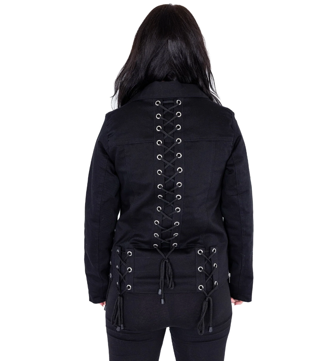 Vixxsin Chantira black moto jacket, constructed from durable 100% cotton with polyester lining for comfort, showcasing bold grommet lace-up design on all sides, asymmetrical zip closure, zipped cuffs, and adjustable ties, perfect for creating a fitted, statement-making silhouette with an unapologetically edgy aesthetic.