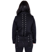 Vixxsin Chantira black moto jacket, constructed from durable 100% cotton with polyester lining for comfort, showcasing bold grommet lace-up design on all sides, asymmetrical zip closure, zipped cuffs, and adjustable ties, perfect for creating a fitted, statement-making silhouette with an unapologetically edgy aesthetic.