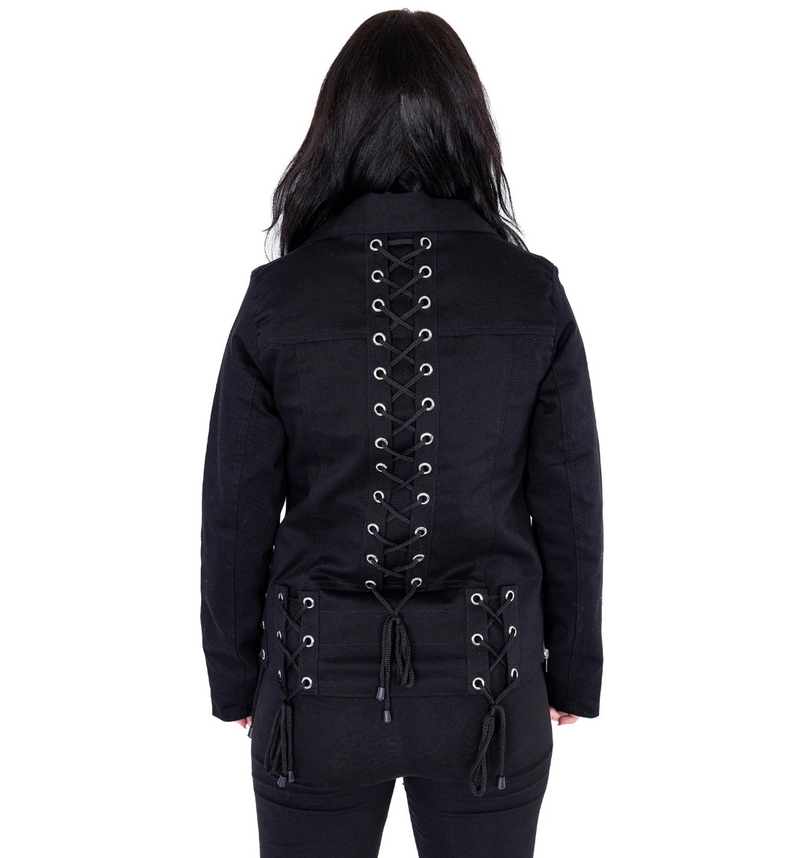 Vixxsin Chantira black moto jacket, constructed from durable 100% cotton with polyester lining for comfort, showcasing bold grommet lace-up design on all sides, asymmetrical zip closure, zipped cuffs, and adjustable ties, perfect for creating a fitted, statement-making silhouette with an unapologetically edgy aesthetic.