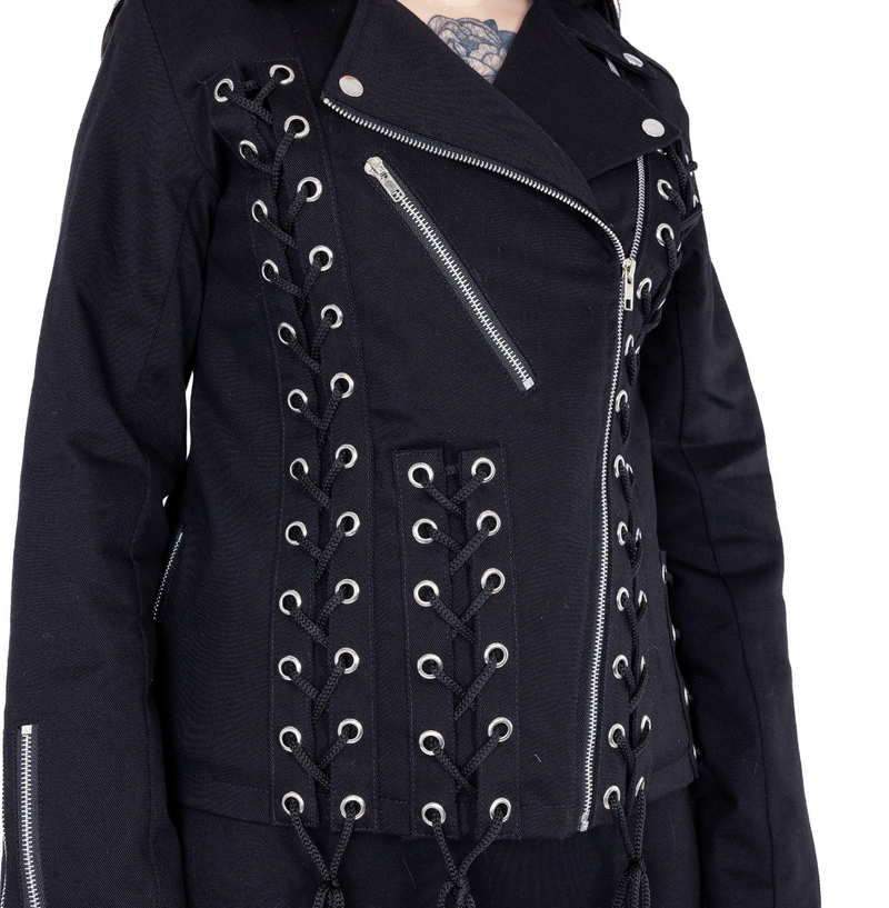 Black Chantira Jacket by Vixxsin, a fitted moto-style jacket made from 100% cotton with polyester lining, featuring heavy grommet lacing across front, back, and sides, asymmetrical zipper, zipped sleeve cuffs, and adjustable ties, offering a sleek, structured, and rebellious alternative fashion piece ideal for gothic and punk-inspired outfits.