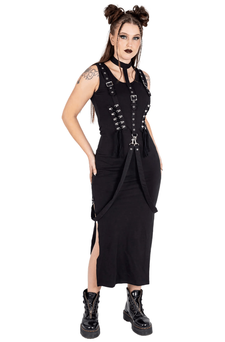 Black gothic midi dress with a fixed stand collar, front and back lace-up corset detailing for a flattering shape, and detachable straps for versatile looks, made from a high-cotton 95% / elastane 5% blend, ideal for alternative outfits, gothic fashion styling, layered accessories, and unique dark romantic ensembles.
