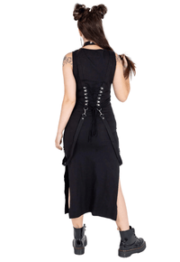 Alternative black midi dress crafted from soft and stretchy cotton-elastane fabric, featuring a structured attached collar, corset lace-up design on both front and back, and removable shoulder straps for adjustable styling, making it a perfect piece for gothic fashion, alternative party wear, romantic dark aesthetics, and statement wardrobe additions.
